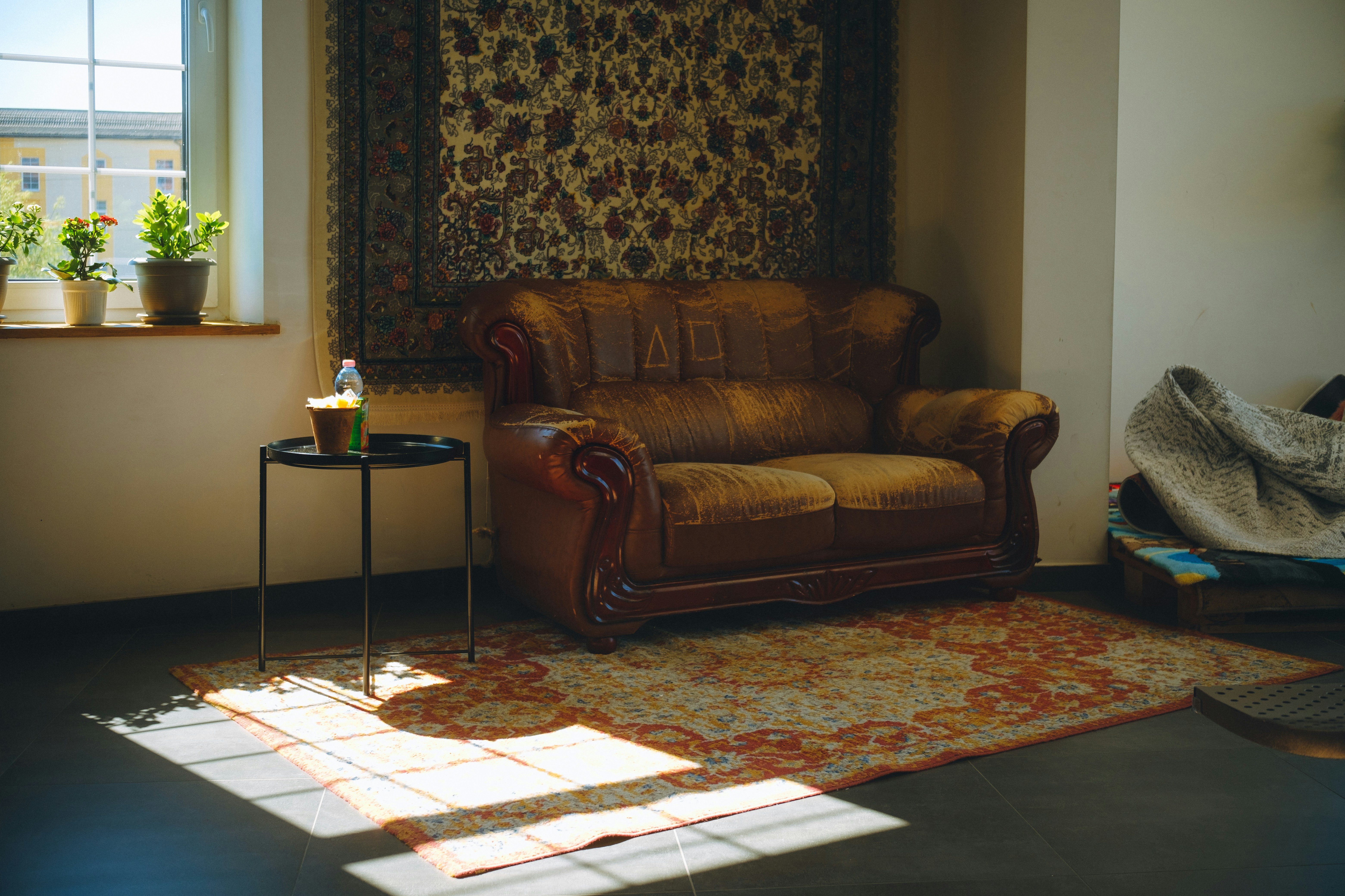 cosy living room corner featuring a vintage brown velvet and leather sofa placed on a patterned rug, with a small black side table holding snacks and a water bottle. Sunlight streams in through a window with potted plants on the sill, and a woven tapestry hangs behind the sofa