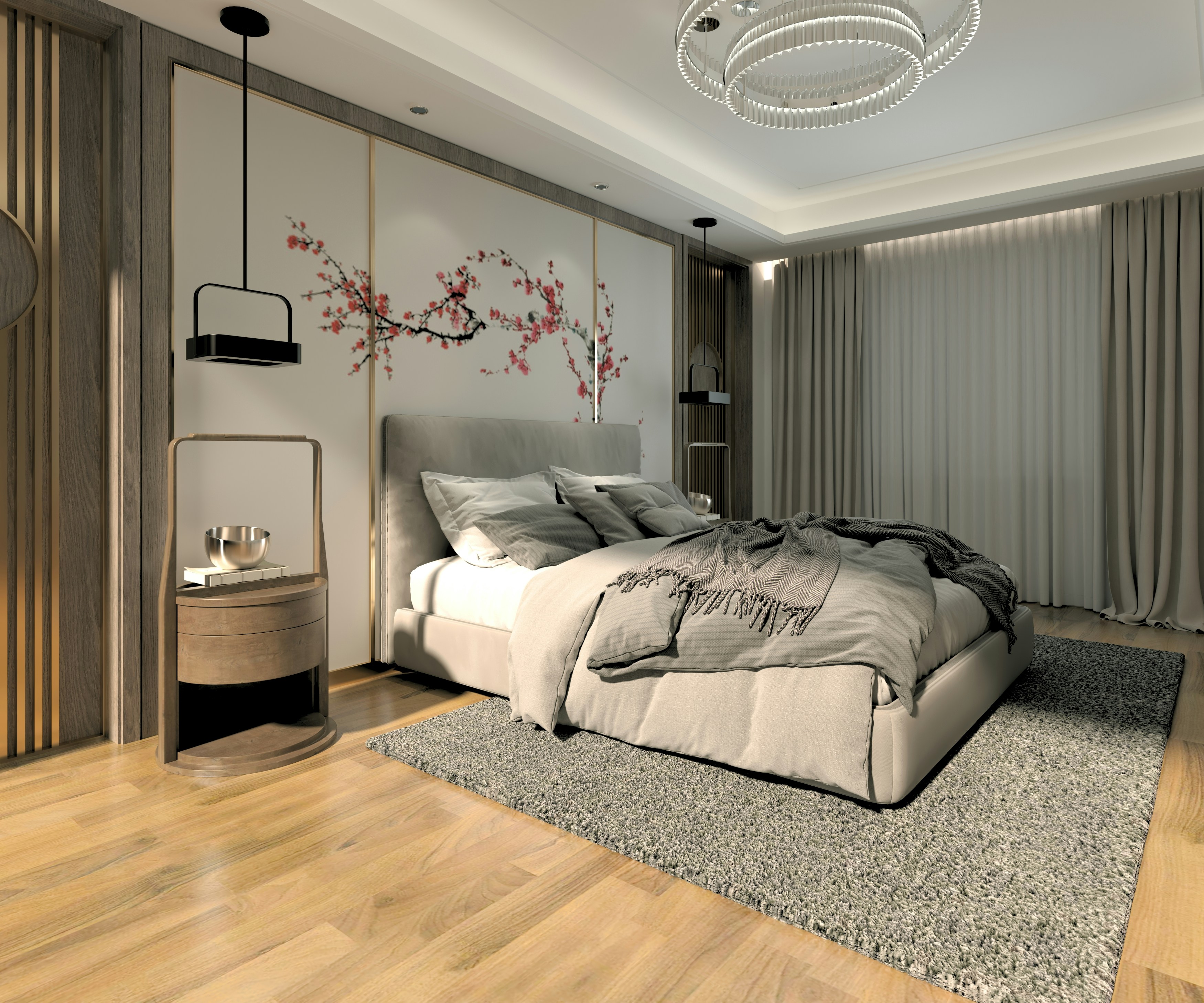 modern, minimalist bedroom featuring a low-profile beige bed with grey bedding and a soft throw. The headboard wall is decorated with a cherry blossom mural, framed by wood panelling. Two pendant lights hang over matching wooden bedside tables