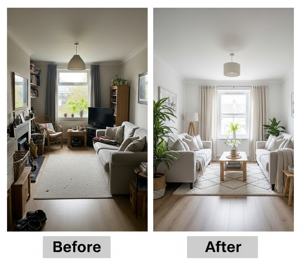 Before and after photos showcasing a transformed living room with updated decor and furniture arrangement