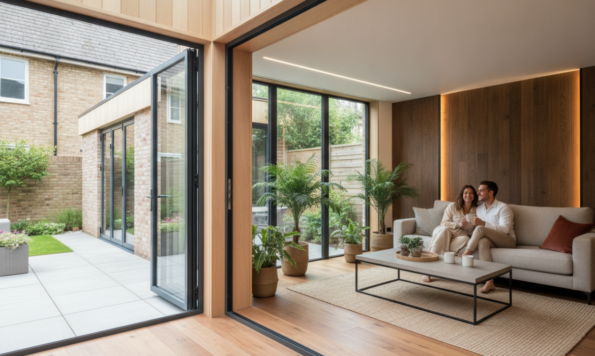 Cozy modern living room with a couple on a sofa, surrounded by plants and natural light from large glass doors.